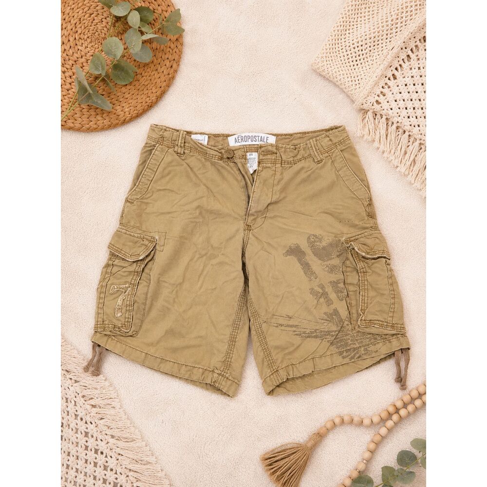 Y2K Aeropostale Cargo Shorts Mens 34 Tan Utility Cargo Graphic Distressed Skater